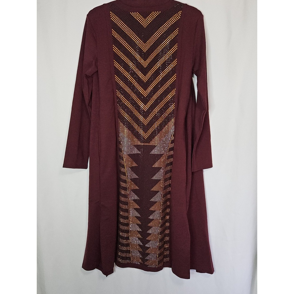 Long Cardigan Women XS Burgundy NEW Antthony Rhinestone Back Geometric Glam Boho